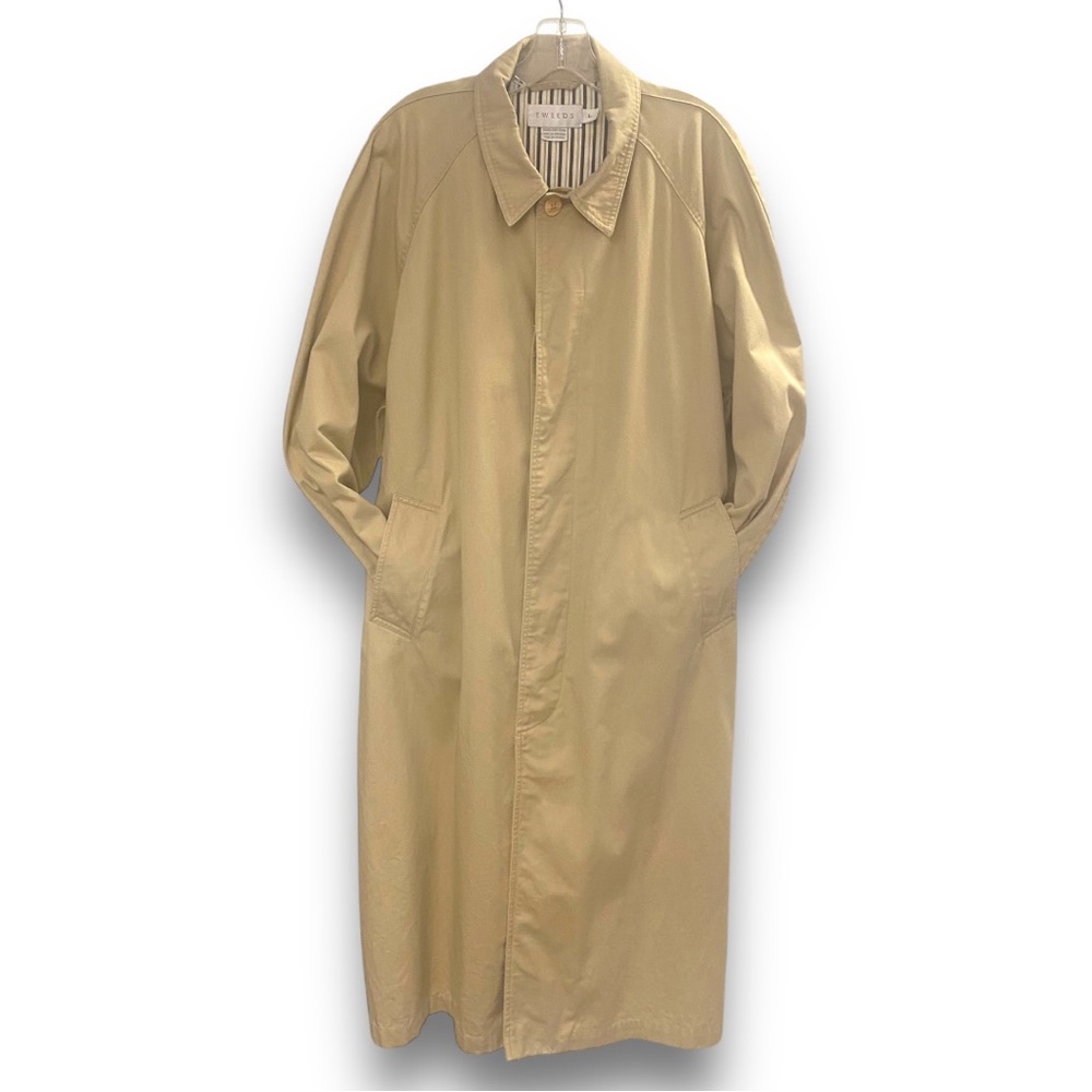 TWEEDS overcoat trench coat Mens size Large khaki hidden buttons pockets long